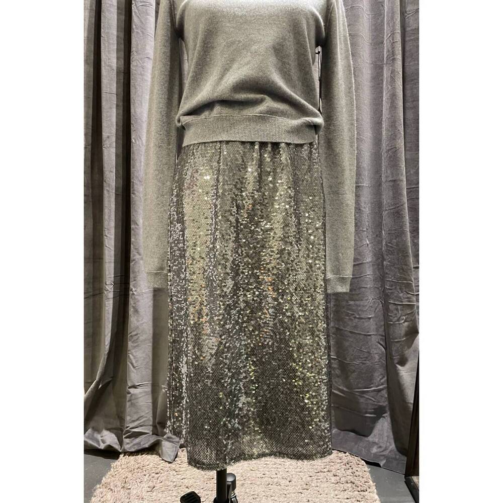 NEW BRAZEAU TRICOT women's shimmer sequin midi skirt in steel